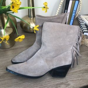 Zara Taupe Gray Suede Leather Fringe Pointed Toe Ankle Boots 36